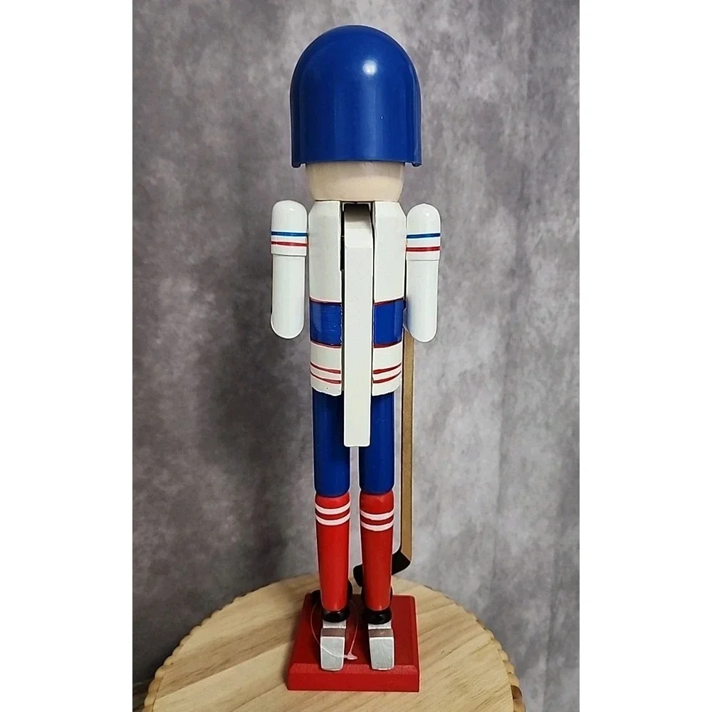 Hockey Player Nutcracker Puck Stick Red Blue White Wood Christmas 16